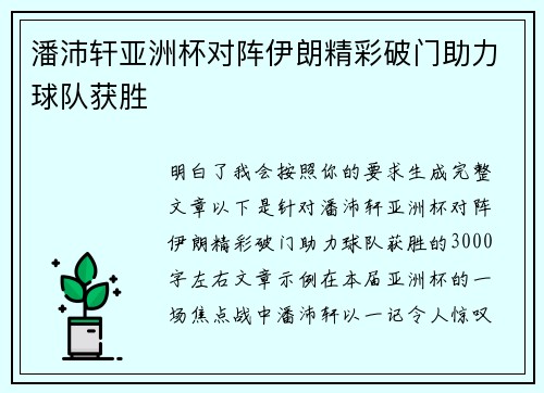 潘沛轩亚洲杯对阵伊朗精彩破门助力球队获胜